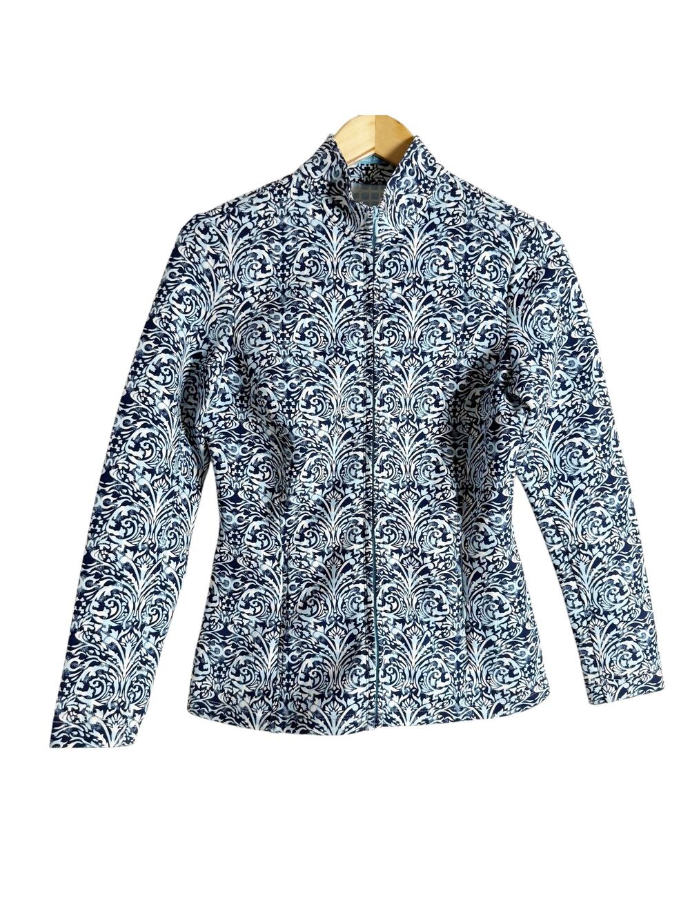 J. McLaughlin Navy Blue Printed Full Zip Mock Neck Scuba Billie Jacket Size S